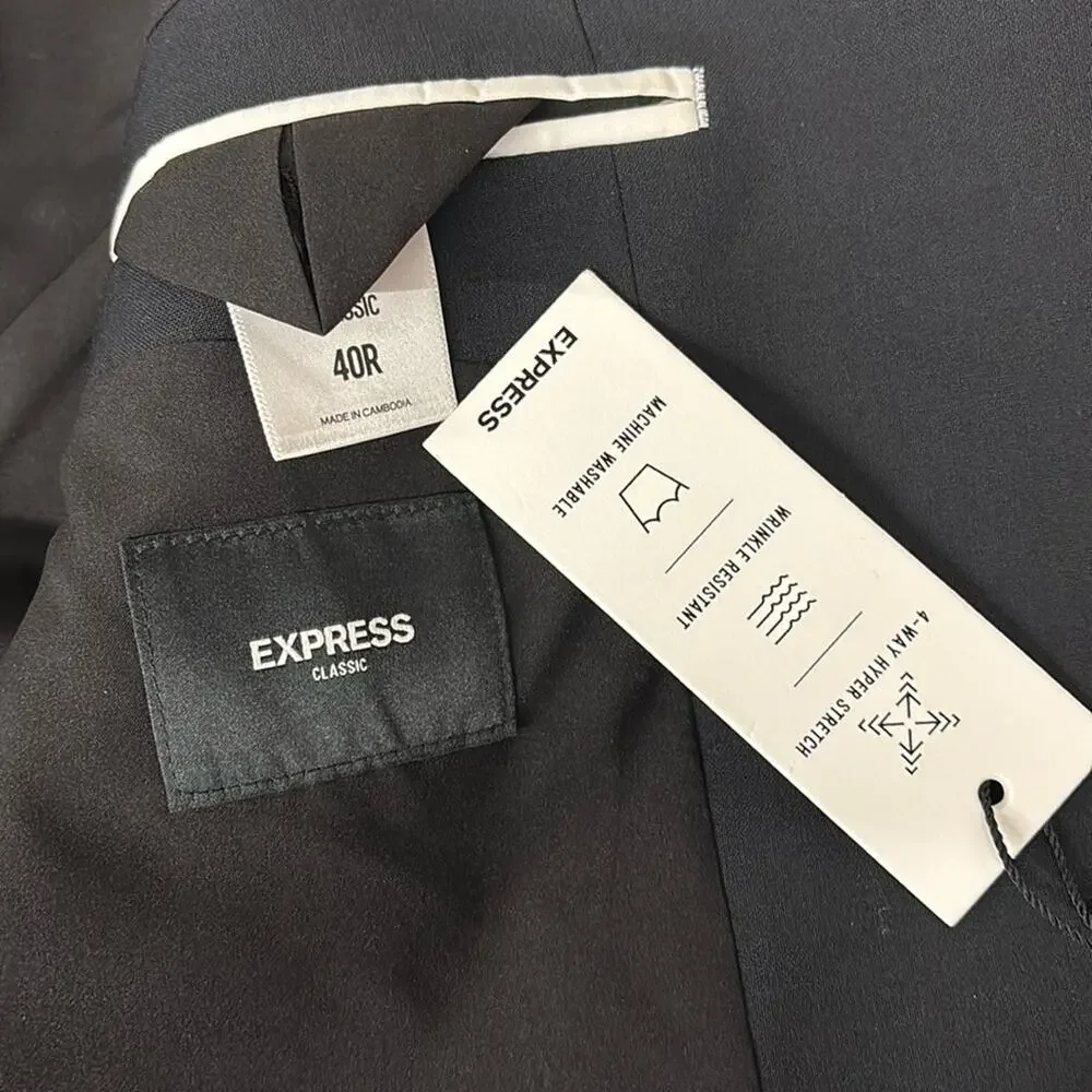 New $298 NWT 40R regular classic wool Express performance solid black 2 button